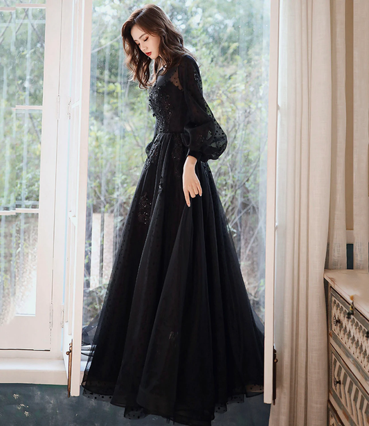 Schwarzes langes Ballkleid aus Spitze in A-Linie Y1294