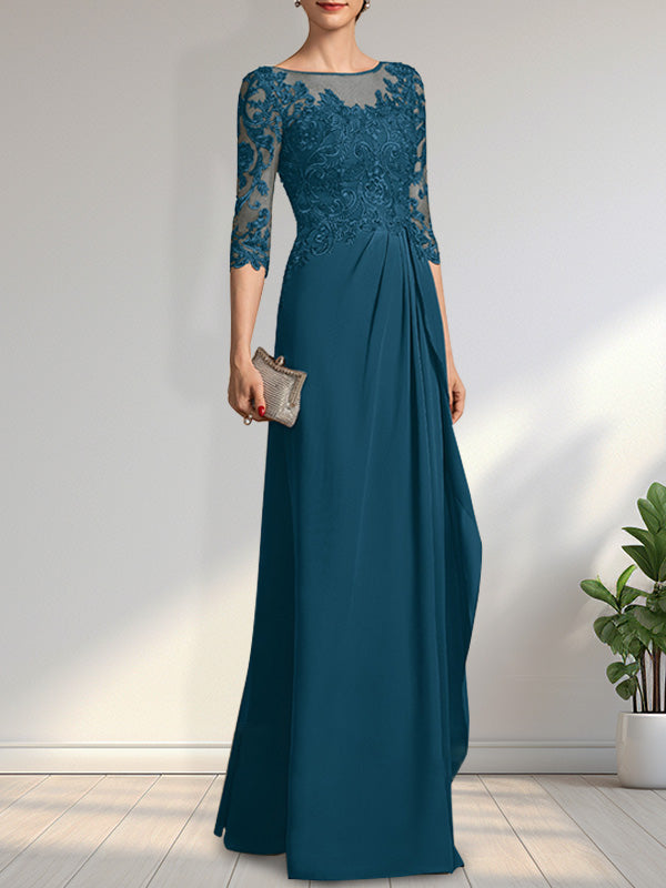 Vestido de gasa para madre de la novia con encaje, corte A, escote redondo, ilusión, largo hasta el suelo, con lentejuelas y abalorios y volantes en cascada