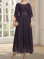 Vestido de gasa con encaje y lentejuelas para madre de la novia, corte A, escote ilusión, largo hasta los tobillos