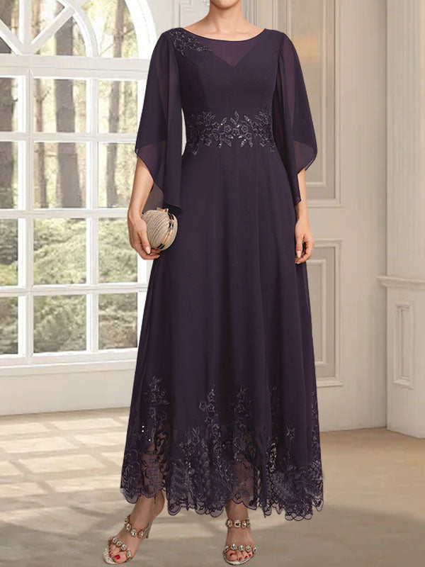 Vestido de gasa con encaje y lentejuelas para madre de la novia, corte A, escote ilusión, largo hasta los tobillos