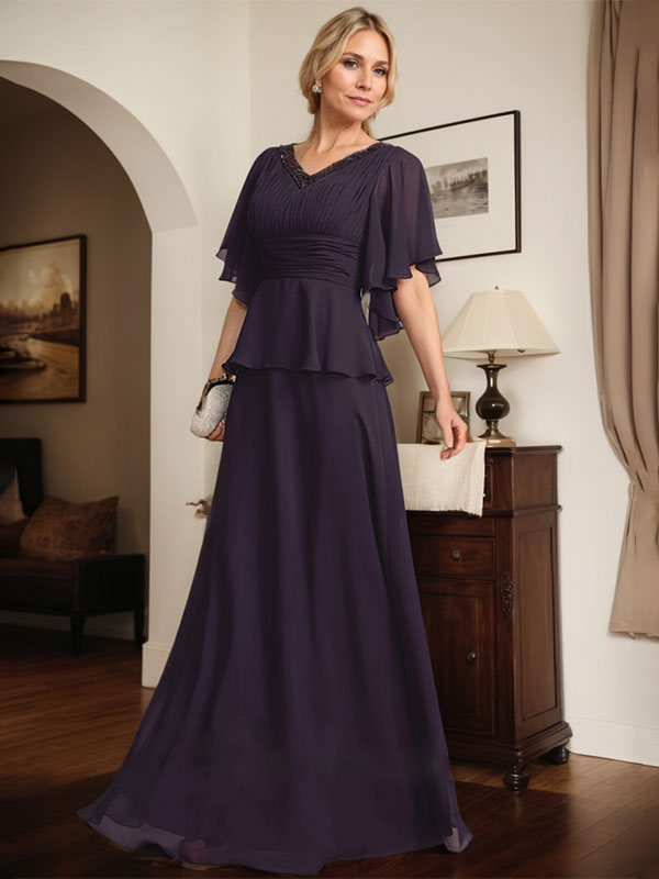 A-Linien-Kleid aus Chiffon mit V-Ausschnitt und bodenlangem Schnitt für die Brautmutter mit plissierten Perlen