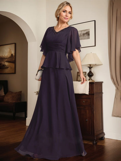 A-Linien-Kleid aus Chiffon mit V-Ausschnitt und bodenlangem Schnitt für die Brautmutter mit plissierten Perlen