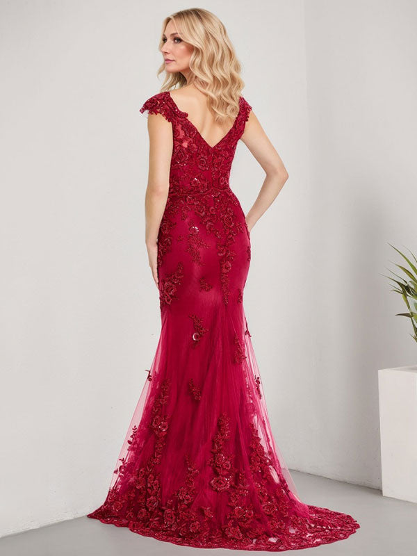 Vestido de novia de gasa con encaje, escote en V y largo hasta el suelo, con apliques de lentejuelas, estilo sirena