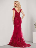 Vestido de novia de gasa con encaje, escote en V y largo hasta el suelo, con apliques de lentejuelas, estilo sirena