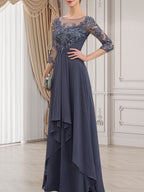Vestido de gasa con encaje, corte A, escote ilusión, largo hasta el suelo, para madre de la novia con volantes en cascada