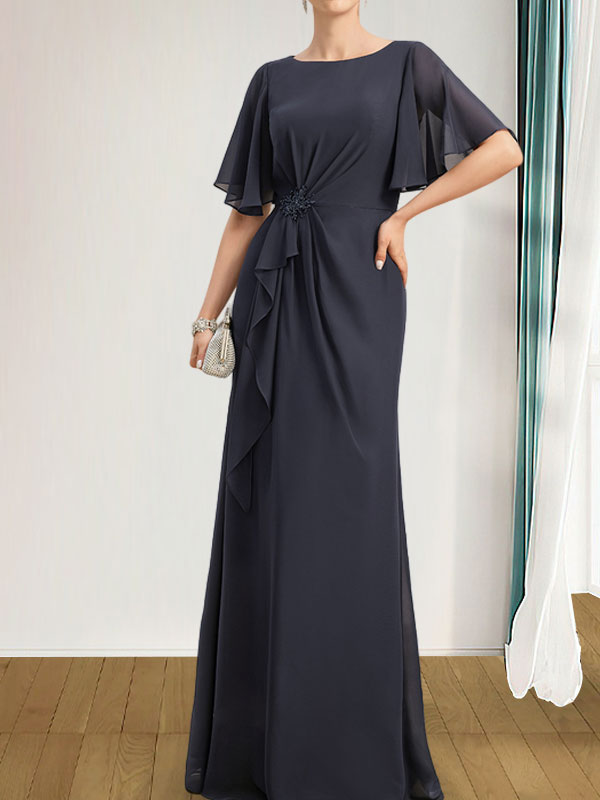 Vestido de gasa para madre de la novia, corte A, escote redondo, largo hasta el suelo, con volantes en cascada, cuentas y lentejuelas