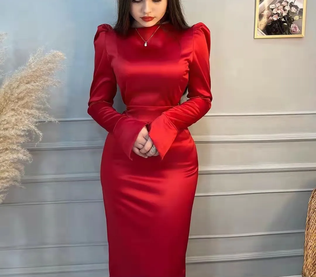 Schlichtes rotes Abendkleid mit langen Ärmeln, schlichtes rotes Ballkleid Y6564