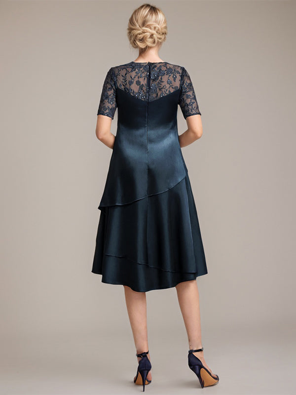 Vestido de madre de la novia con corte en A, escote redondo y largo hasta la rodilla, con apliques y lentejuelas