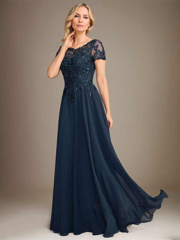 Vestido de gasa para madre de la novia, corte A, largo hasta el suelo, con apliques y lentejuelas