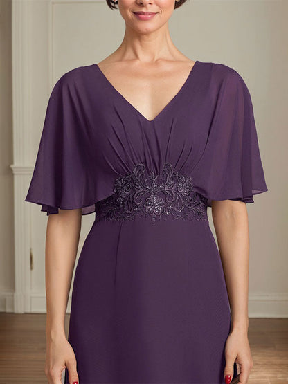 A-Linie V-Ausschnitt Bodenlanges Chiffonkleid für die Brautmutter mit plissierten Paillettenapplikationen Spitze
