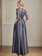 Vestido de madre de la novia de satén con encaje, corte A, escote ilusión, largo hasta el suelo, con lazo de lentejuelas