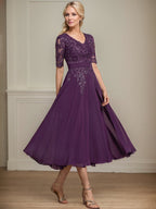 Vestido de gasa con encaje y lentejuelas para madre de la novia, corte A, escote en V y largo hasta la rodilla