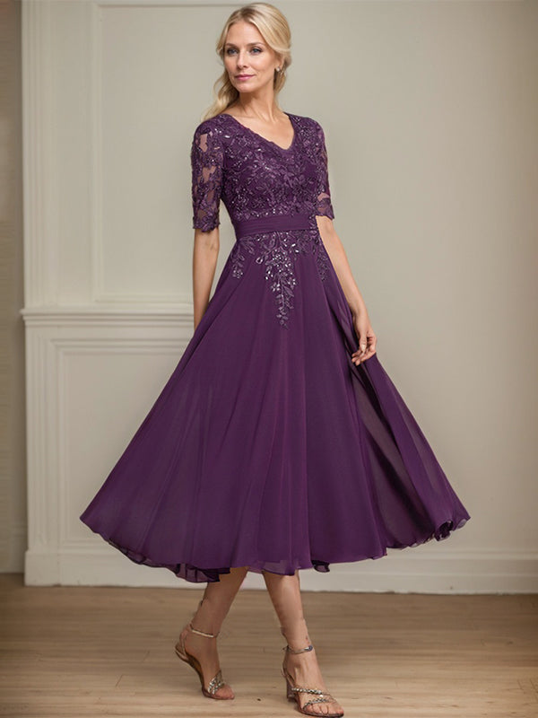Vestido de gasa con encaje y lentejuelas para madre de la novia, corte A, escote en V y largo hasta la rodilla