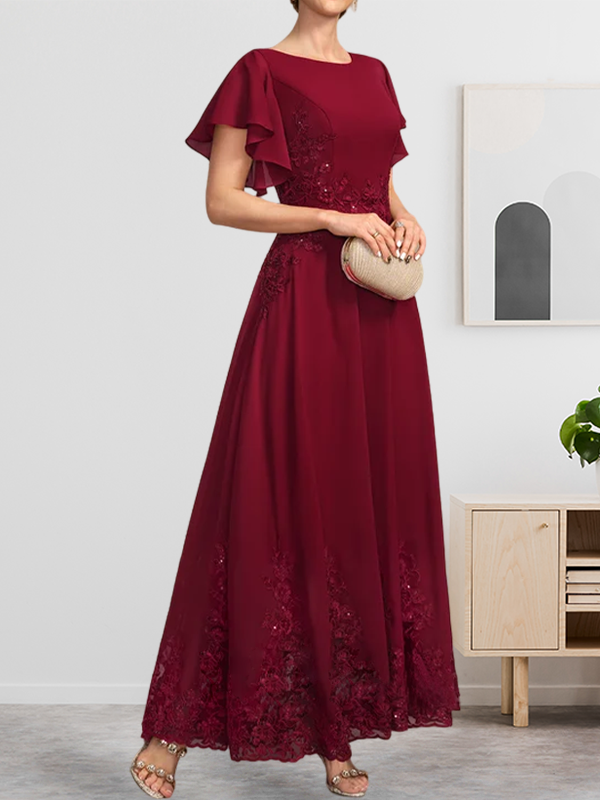 A-Linie U-Ausschnitt Knöchellang Spitzen-Chiffon-Kleid für die Brautmutter mit Pailletten