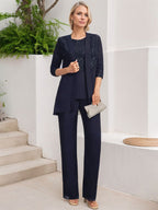 Jumpsuit/Pantsuit Separates Scoop Floor-Length Chiffon Lace Mother of the Bride Dress With Sequins