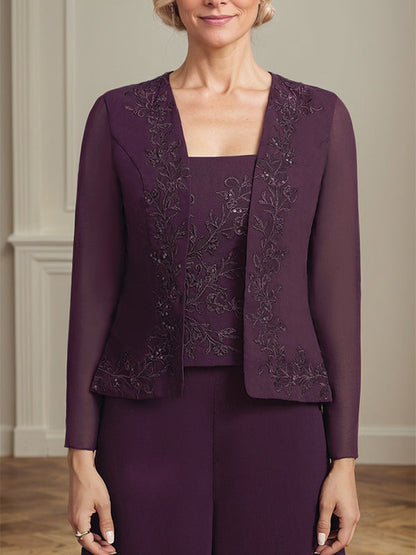 Separates Jumpsuit/Hosenanzug Quadratisches Knöchellanges Spitzenchiffonkleid für die Brautmutter mit Pailletten 