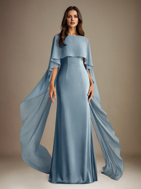 Vestido de gasa para madre de la novia, largo hasta el suelo, con escote barco y corte tubo/columna y volantes en cascada