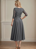 A-Linie V-Ausschnitt Wadenlanges Chiffon-Spitzenkleid für die Brautmutter mit Perlen und Pailletten 