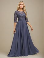 Vestido de madre de la novia de gasa con encaje, corte A, largo hasta el suelo y apliques de lentejuelas