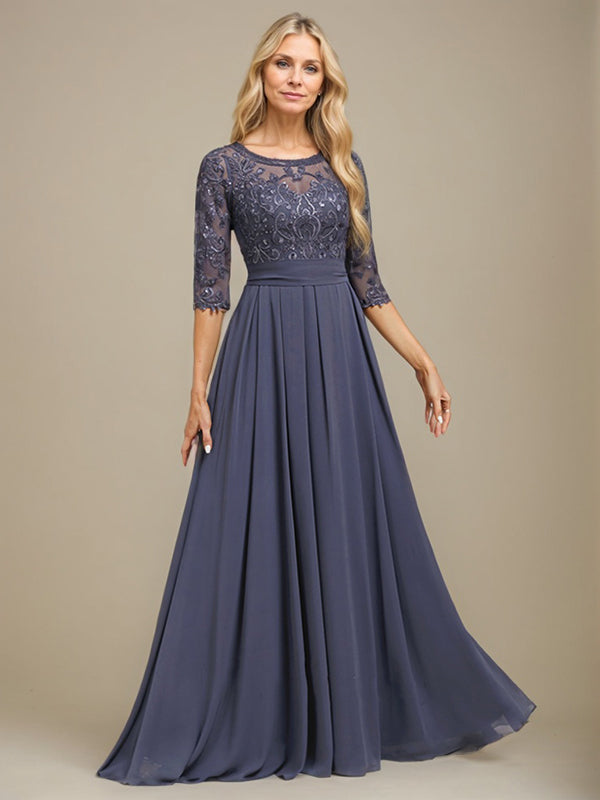 Vestido de madre de la novia de gasa con encaje, corte A, largo hasta el suelo y apliques de lentejuelas