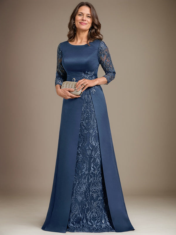 Vestido de madre de la novia de satén con encaje, corte A, largo hasta el suelo y apliques