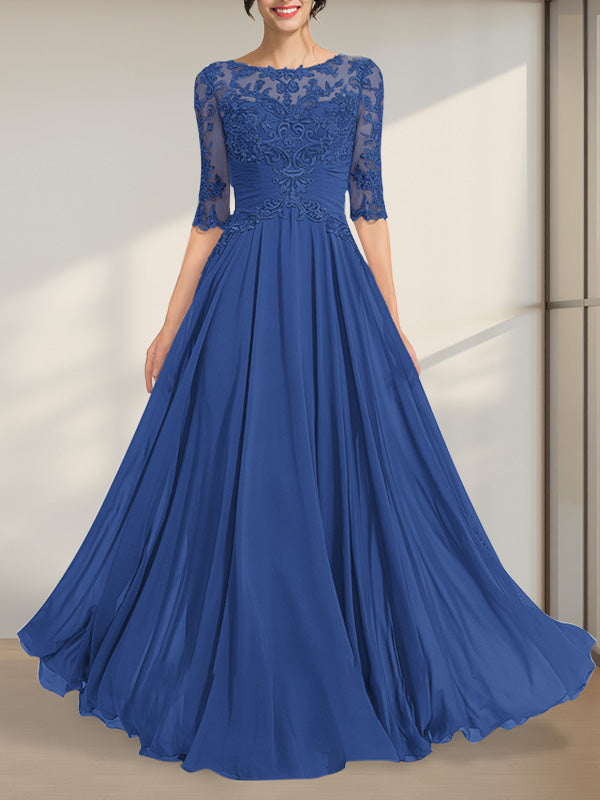 Vestido de gasa de encaje con escote en A y ilusión hasta el suelo para madre de la novia con lentejuelas plisadas