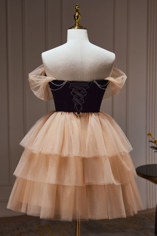 Schickes Champagner-Off-The-Shoulder-Tüll-Kurz-Heimkehrkleid mit Perlen 