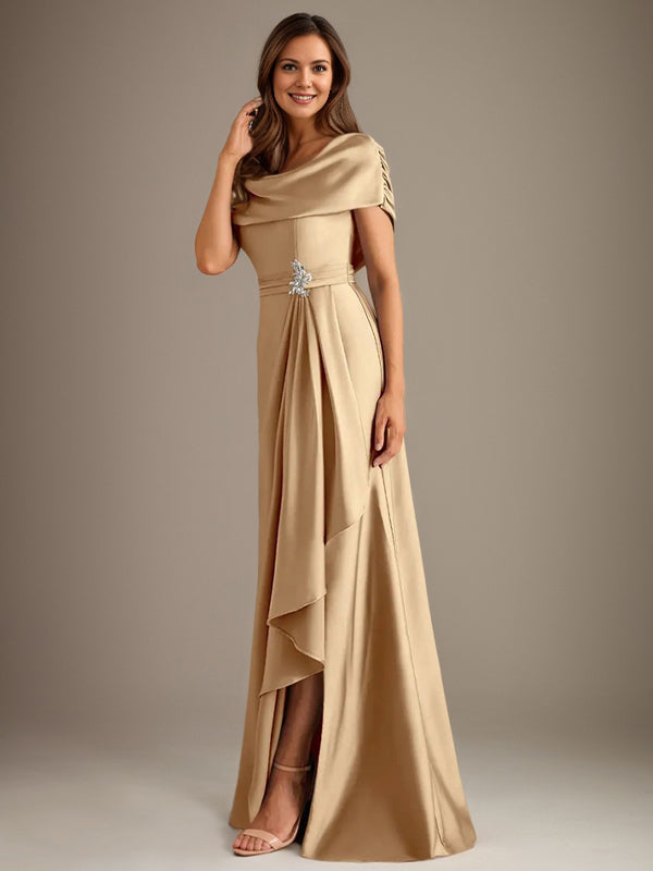 Vestido de madre de la novia de satén elástico, corte A, largo hasta el suelo, con escote redondo y volantes en cascada