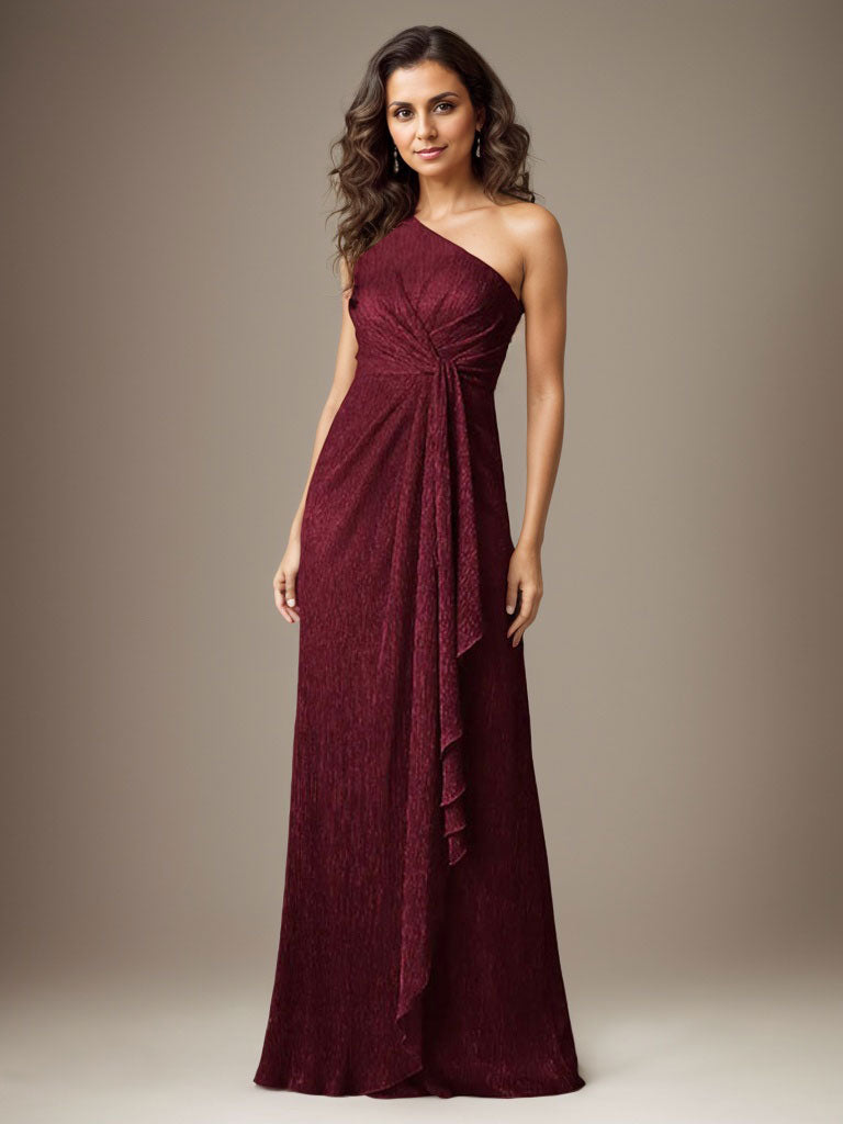 Vestido de madre de la novia con un solo hombro de malla metálica y corte rubí