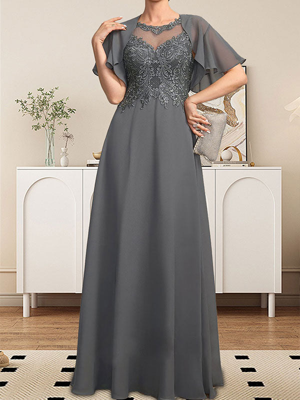Vestido de gasa con encaje y lentejuelas para madre de la novia, corte A, escote ilusión, largo hasta el suelo