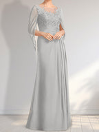 Vestido de gasa con encaje, ilusión, corte A, largo hasta el suelo, para madre de la novia con lentejuelas plisadas
