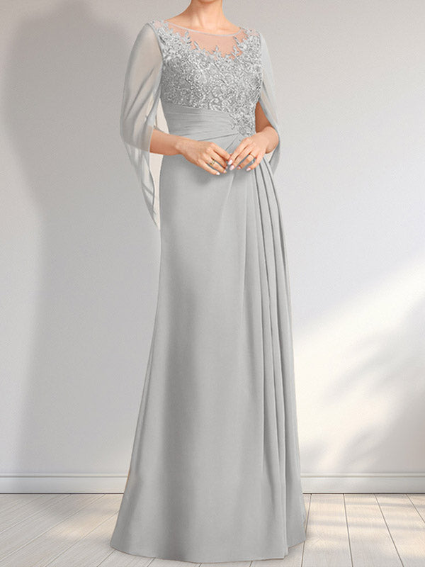 Vestido de gasa con encaje, ilusión, corte A, largo hasta el suelo, para madre de la novia con lentejuelas plisadas