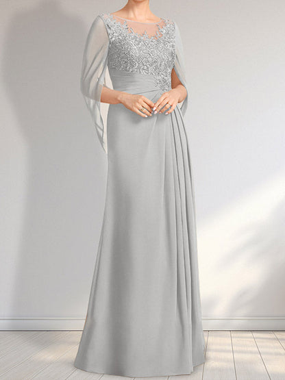 Vestido de gasa con encaje, ilusión, corte A, largo hasta el suelo, para madre de la novia con lentejuelas plisadas