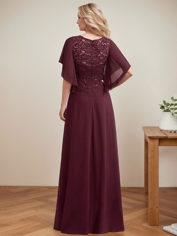Vestido de gasa con encaje y lentejuelas para madre de la novia, corte A, escote ilusión, largo hasta el suelo