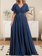 Vestido de gasa para madre de la novia, corte A, escote en V, largo hasta el suelo, con broche de cristal y plisado