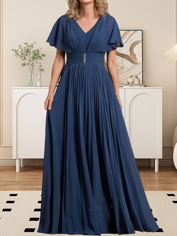 Vestido de gasa para madre de la novia, corte A, escote en V, largo hasta el suelo, con broche de cristal y plisado