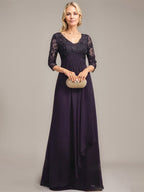 A-Linie V-Ausschnitt Bodenlanges Spitzen-Chiffon-Kleid für die Brautmutter mit kaskadierenden Rüschen und Pailletten 