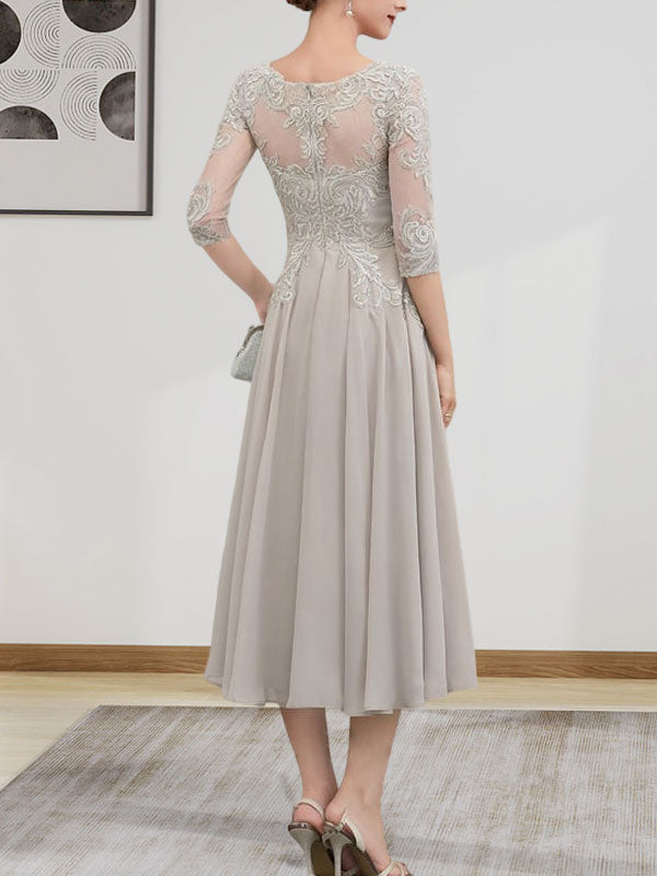 Vestido de gasa con encaje, corte A, ilusión, largo hasta la rodilla, para madre de la novia, con lentejuelas y abalorios