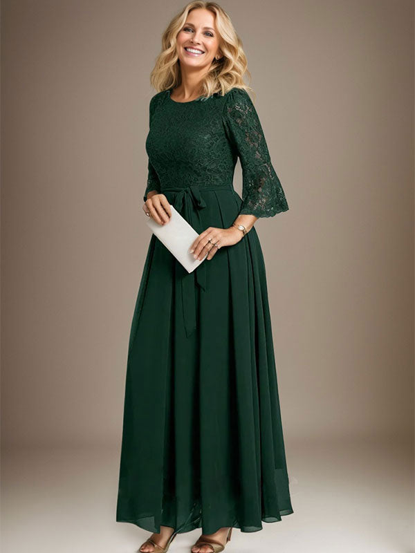 A-Linie U-Ausschnitt Knöchellang Spitzen Chiffon Kleid für die Brautmutter mit Schleife