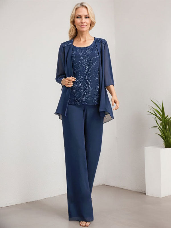 Vestido de madre de la novia de gasa con encaje, largo hasta el suelo, con lentejuelas y mono/pantalón separado