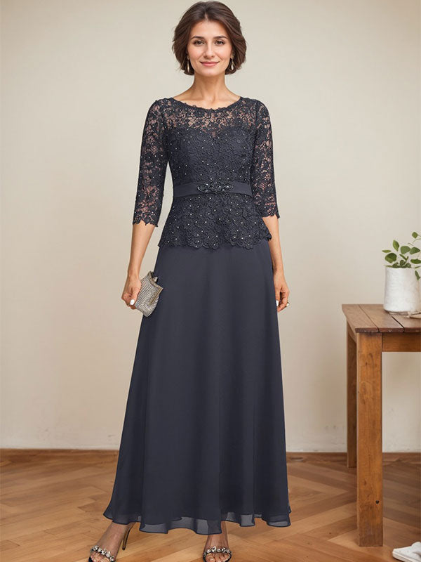 Vestido de gasa con encaje y escote en A, ilusión, largo hasta los tobillos, para madre de la novia con cuentas de diamantes de imitación