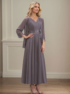 Vestido de gasa para madre de la novia, corte A, escote en V, largo hasta los tobillos, con apliques de lentejuelas, encaje y cuentas