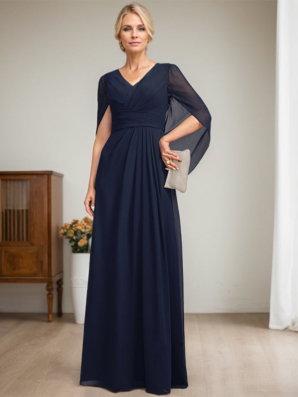 Vestido largo azul marino oscuro con escote en V y corte A para madre de la novia