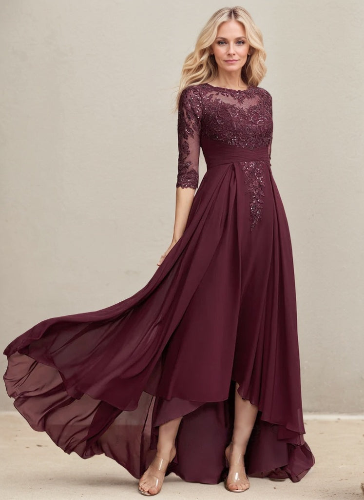 Vestido de madre de la novia de gasa con encaje asimétrico, ilusión de escote redondo y lentejuelas plisadas