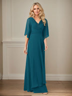A-Linie V-Ausschnitt Lange Pailletten Chiffon Mutterkleid