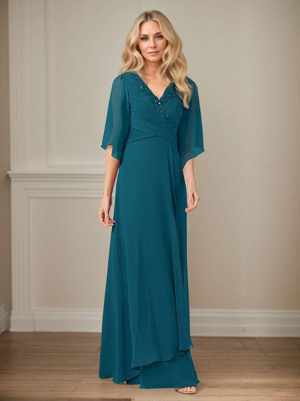 Vestido largo de gasa con lentejuelas y escote en V en forma de A para madre