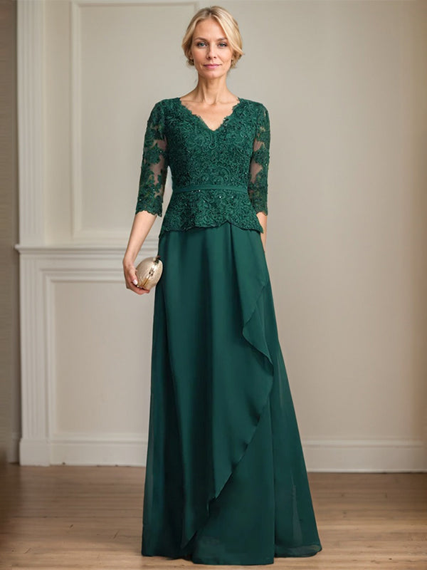 Vestido de madre de la novia de gasa con encaje, escote en V, largo hasta el suelo, con volantes en cascada y lentejuelas