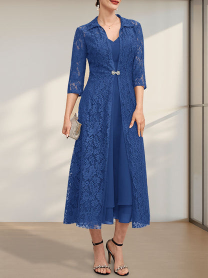 A-Linie V-Ausschnitt Wadenlanges Chiffonkleid für die Brautmutter