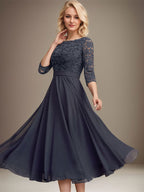 Vestido de gasa con encaje y lentejuelas para madre de la novia, corte A, escote redondo y largo hasta la rodilla