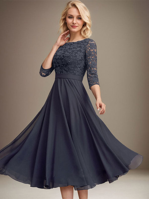 Vestido de gasa con encaje y lentejuelas para madre de la novia, corte A, escote redondo y largo hasta la rodilla
